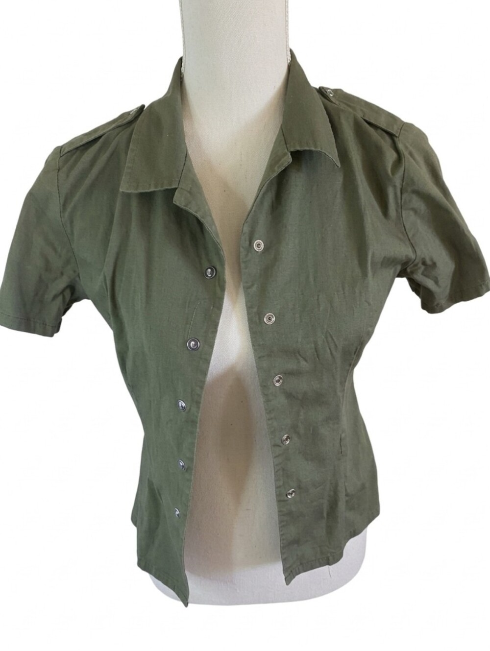 Vtg Hot Topic Y2k '03 Beauty Fiend Bow Skull Army Grn Button up Shirt Fits Sz 0